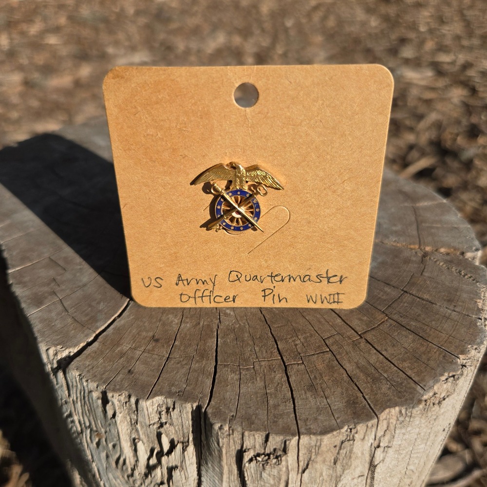 VTG US Army Quartermaster Officer Pin Gold Blue Enamel Insignia WWII Era 1940s
